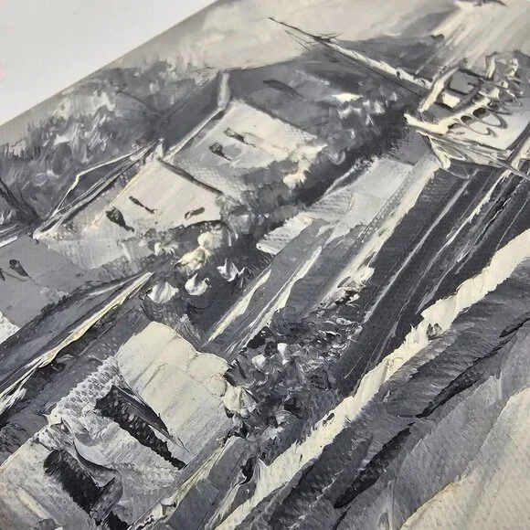 Vintage Painting Canvas Signed Small Water Scene Harbor Boat Landscape Grayscale - Picture 6 of 10